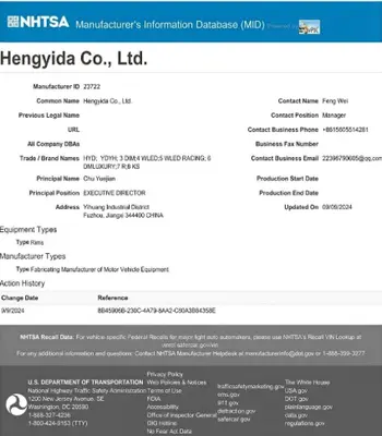 NHTSA Manufacturer's Information Database (MID) Registration